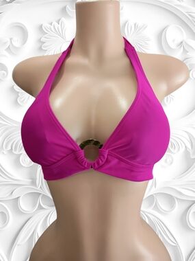 Becca Magenta Halter Swim Top with Decorative Ring